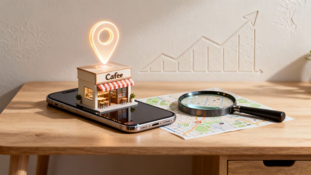 cell phone on table, magnifying glass, concept of how to improve local seo