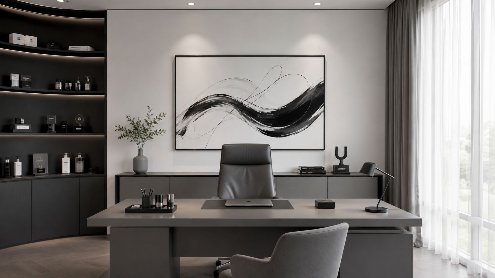 A minimalist executive home office with monochromatic decor, grey furniture, and an abstract black and white painting.