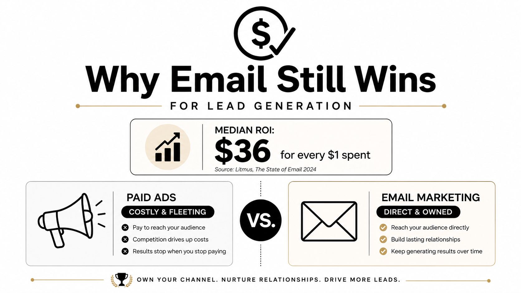 Email Marketing For Lead Generation: A Practical Playbook 1 An infographic showing that email marketing offers a 36 to 1 ROI compared to paid advertising channels.