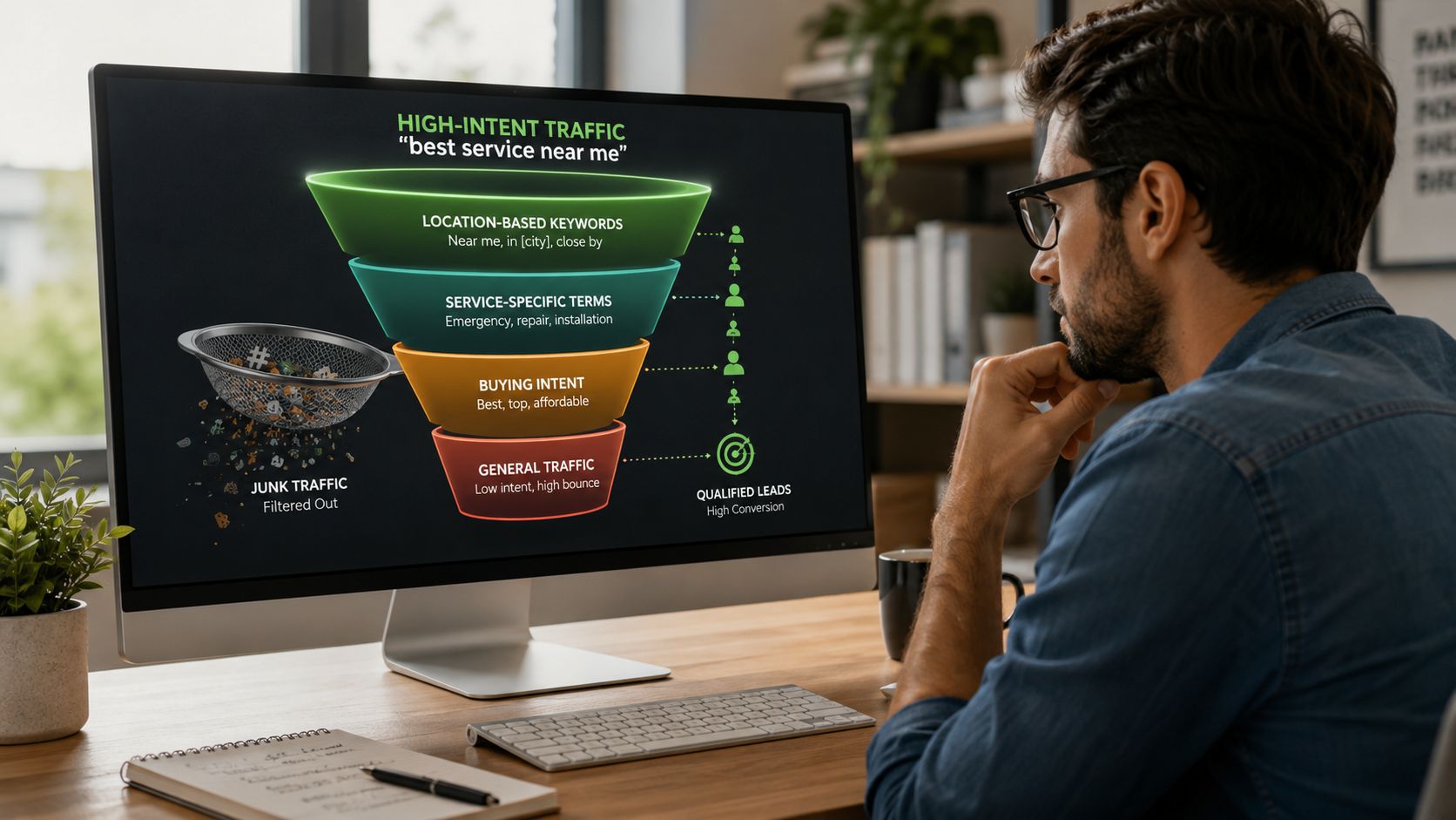 Ppc Advertising For Small Business: A Practical Playbook 3 A digital marketer analyzing a funnel graphic showing how to filter junk traffic into qualified leads.