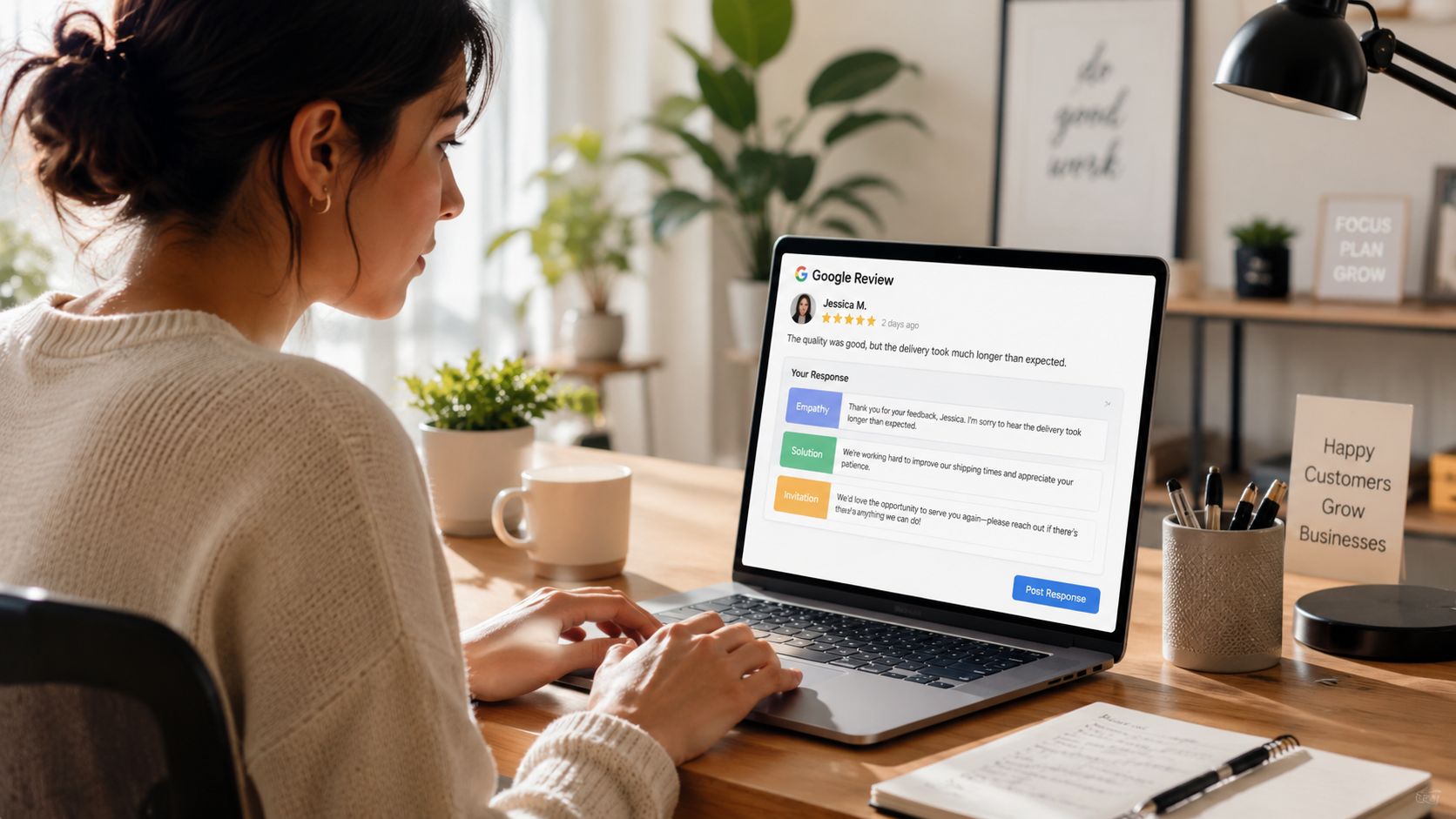A woman working on a laptop, responding to a negative Google review from a customer.