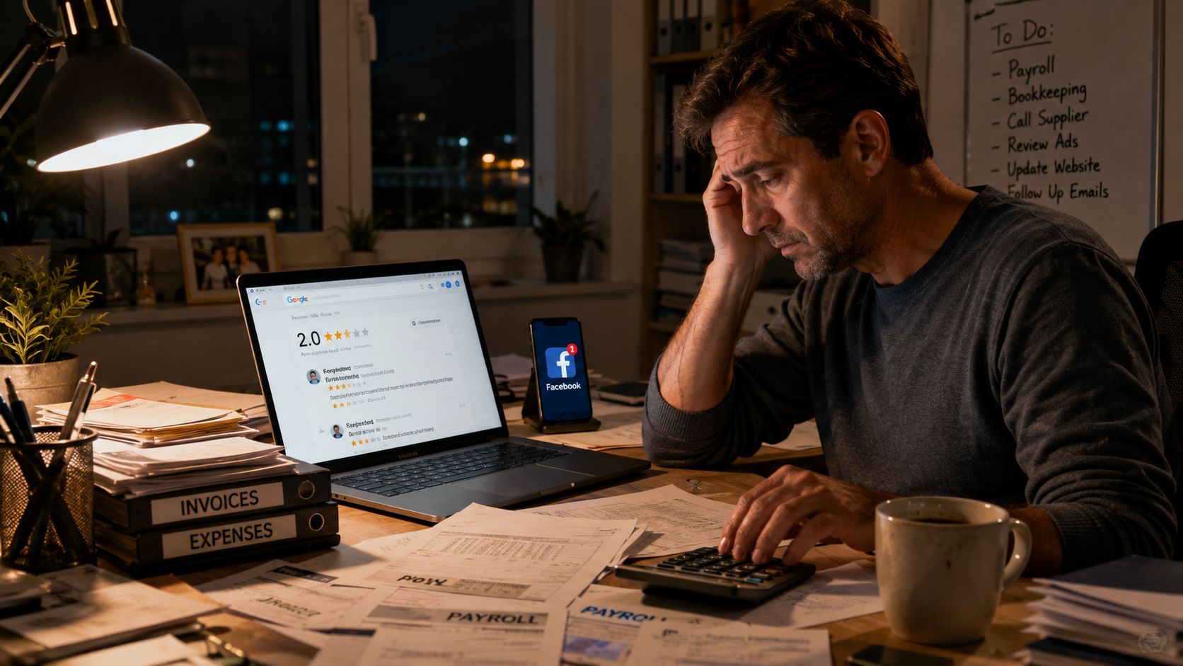 Stressed business owner working late at a desk with laptop, calculator, and financial paperwork documents.